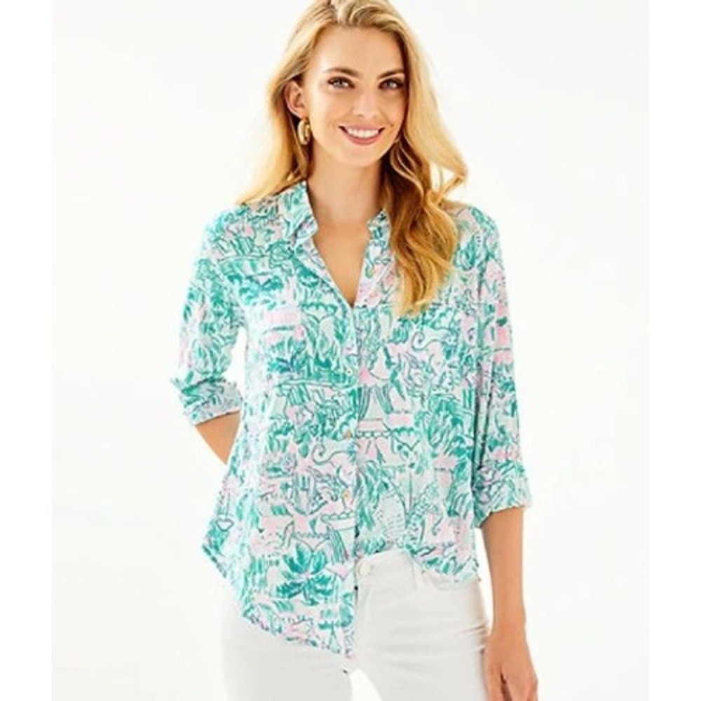 Lilly Pulitzer Sea View Button Down Top Blouse S High Manetenance Coastal NWOT